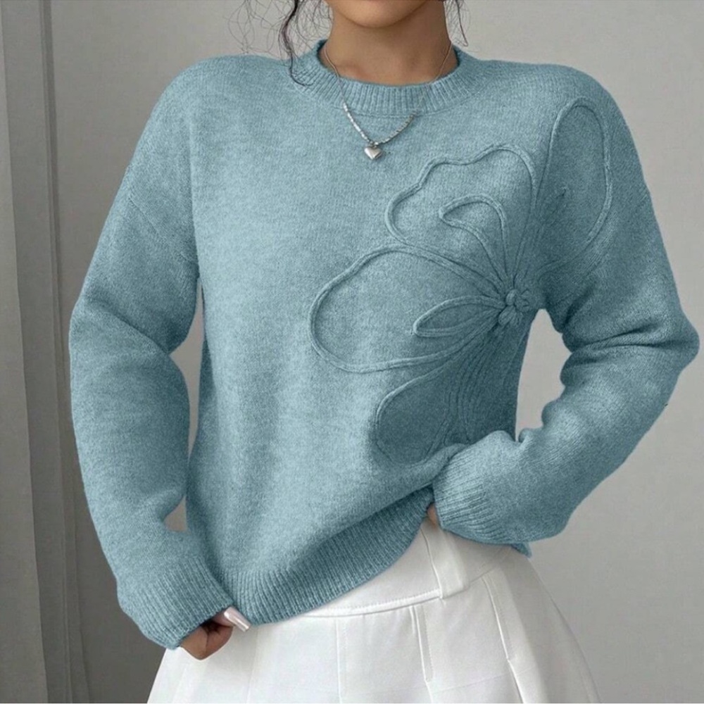 Classic Floral Textured Round Neck Knit Sweater Top S M L - Picture 2 of 4